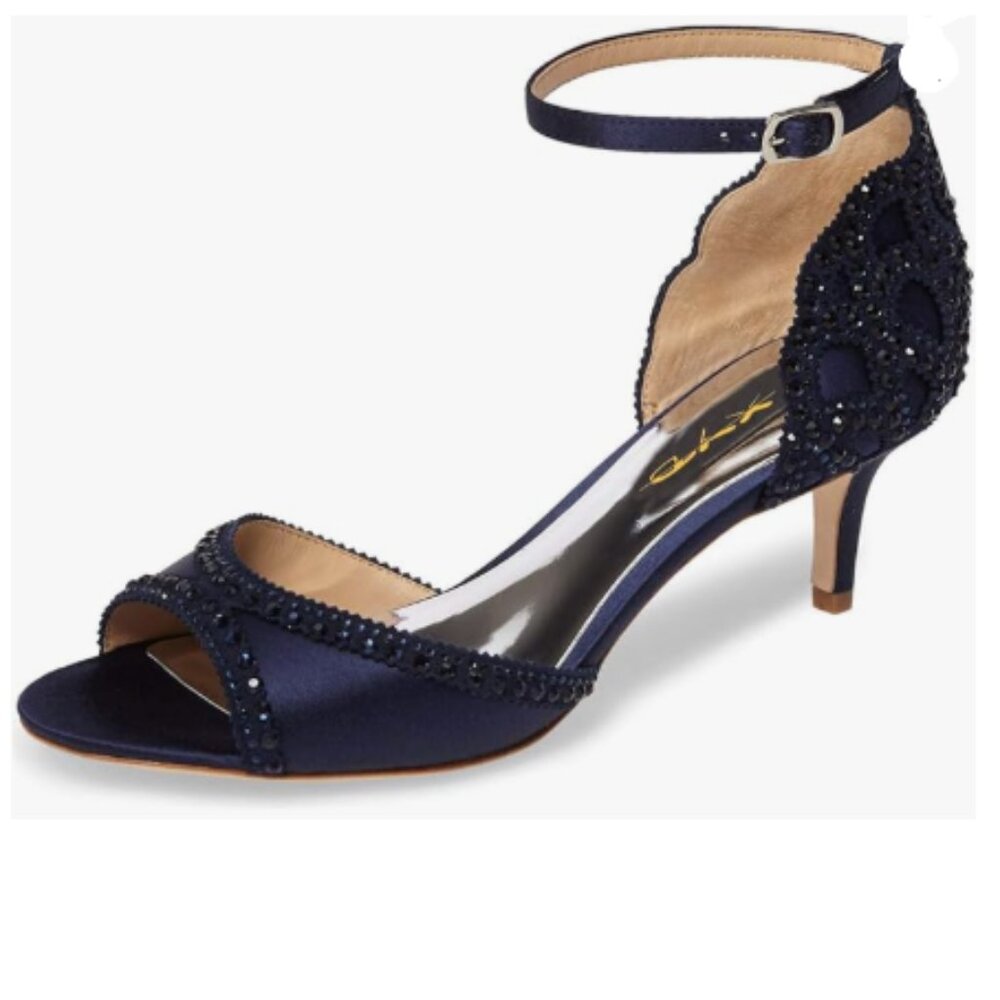 XYD Navy Beaded Satin Ankle-Strap Kitten Heels